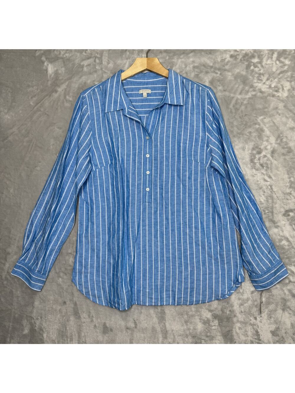 Talbots Shirt Womens Medium Blue White Striped Linen Blend Long Sleeve Button Up